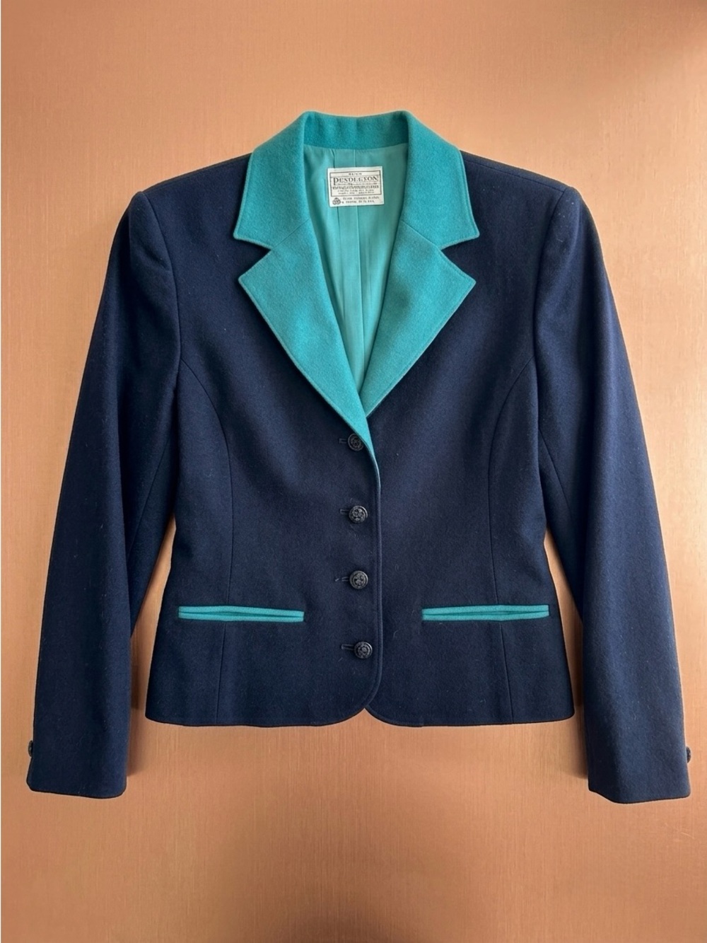 Vintage 70s Pendleton Wool Blazer Navy Teal Trim Contrast Lapel Academia Sz M - Picture 2 of 12